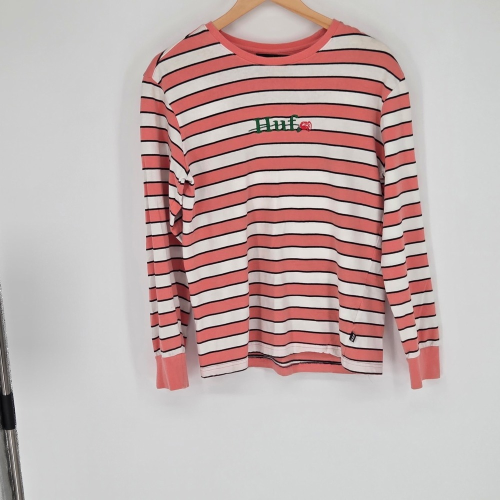 HUF Long Sleeve Striped T-Shirt Peach White Black Rose Logo Sm Skate Unisex